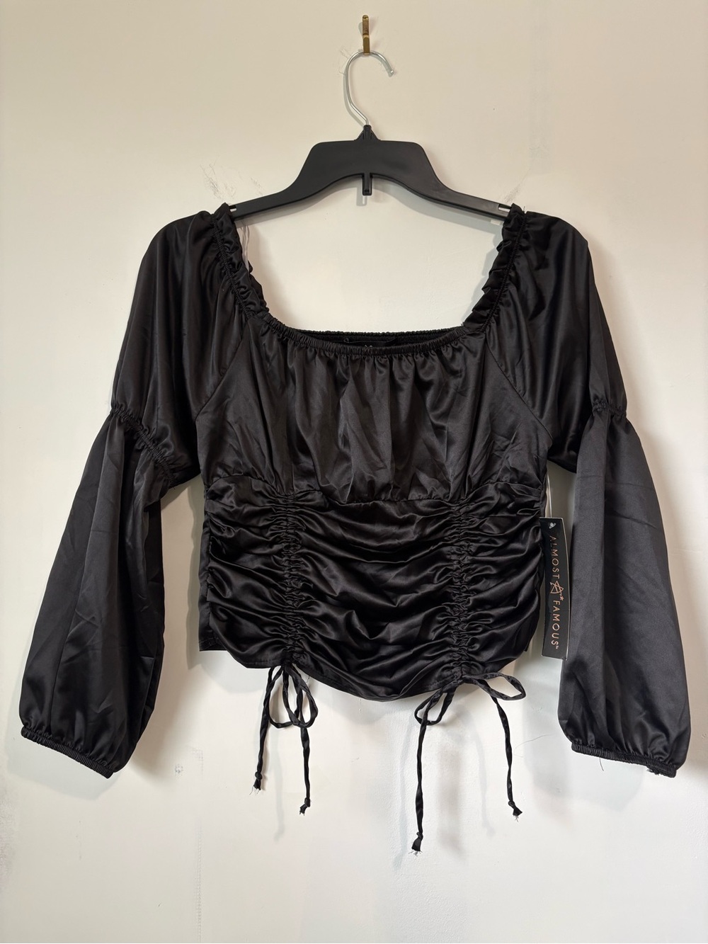 Almost Famous Black Ruched Drawstring Peasant Blouse